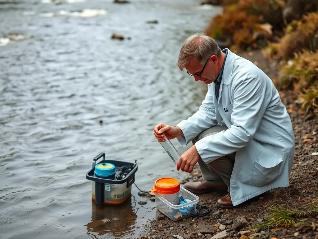 A scientist collecting water samples from a local river, using specialized equipment to assess water quality and identify potential sources of pollution. The image should highlight the importance of scientific monitoring in environmental conservation.