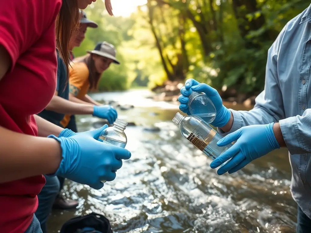 A serene image of volunteers collecting water samples from a local river, showcasing the organization's commitment to monitoring and maintaining water quality.