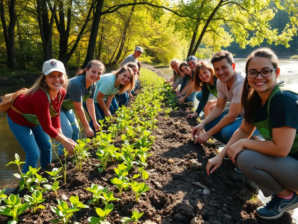 A vibrant image depicting volunteers planting native vegetation along a riverbank to restore habitat for fish and other aquatic species. The scene should convey a sense of community involvement and environmental stewardship.