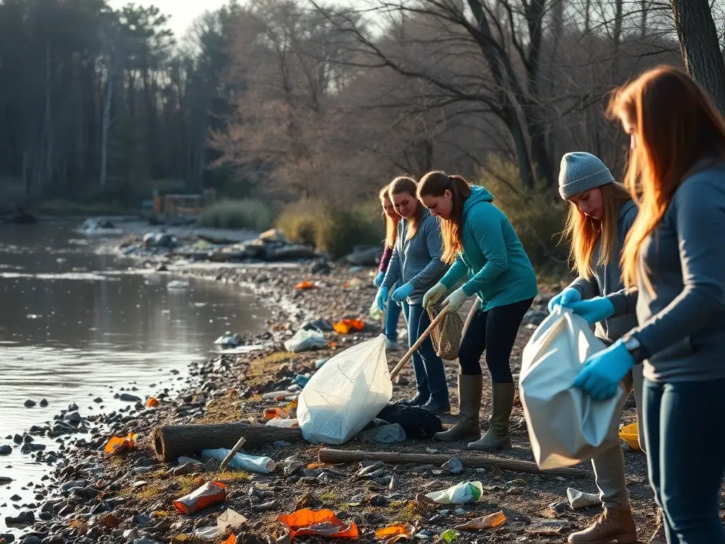A group of volunteers participating in a river cleanup, removing debris and plastic waste from the water and surrounding banks. The image should convey a sense of community involvement and environmental responsibility.