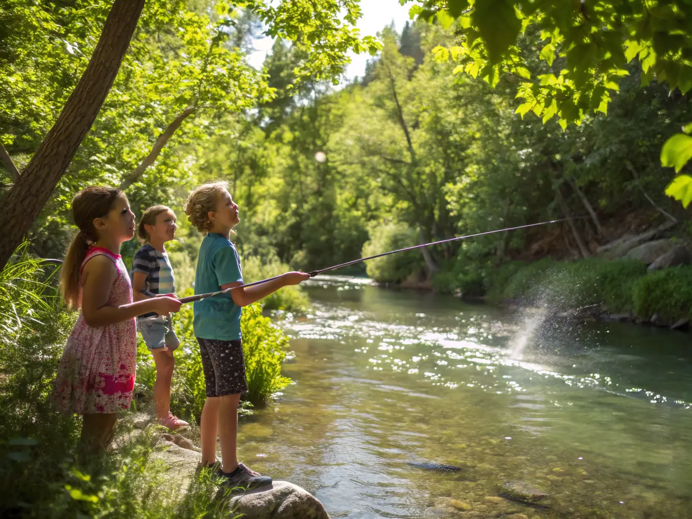 A photograph of a group of children participating in a fishing workshop, learning about responsible angling and the importance of conservation.