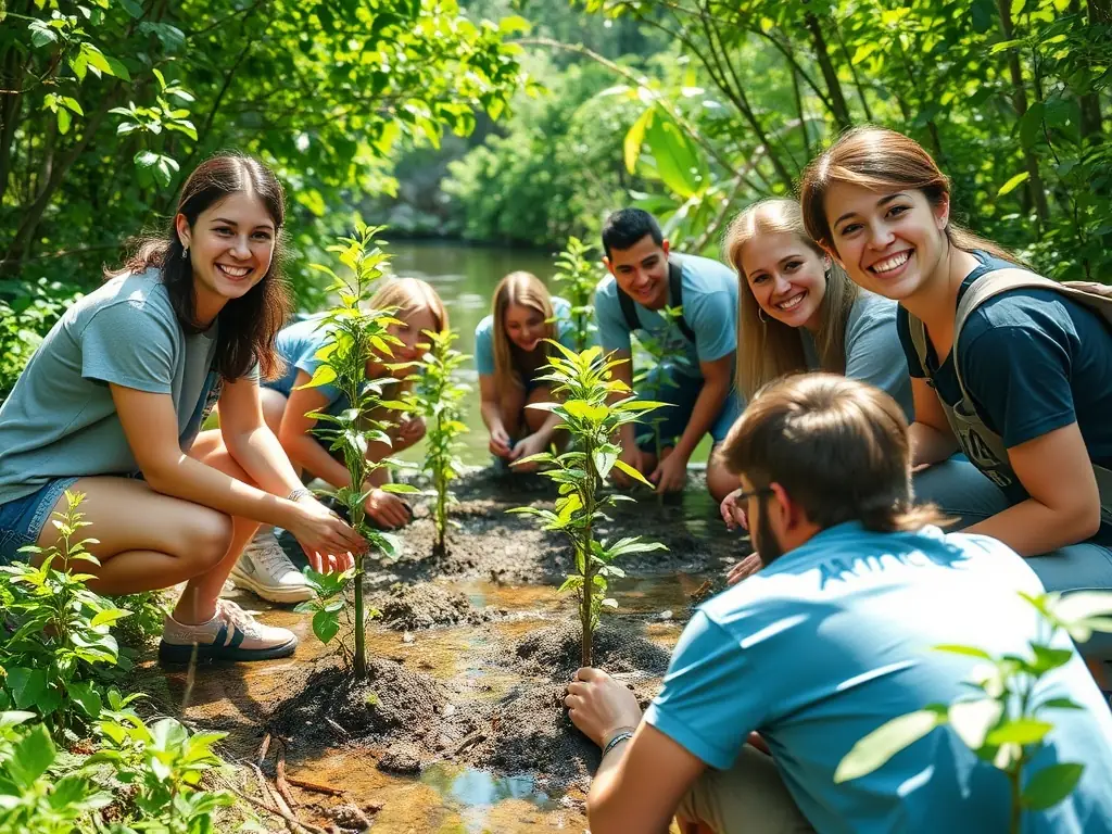A serene river scene with volunteers planting vegetation along the banks, illustrating habitat restoration efforts by A.A.P.P.M.A LA GAULE LAMBALLAISE.