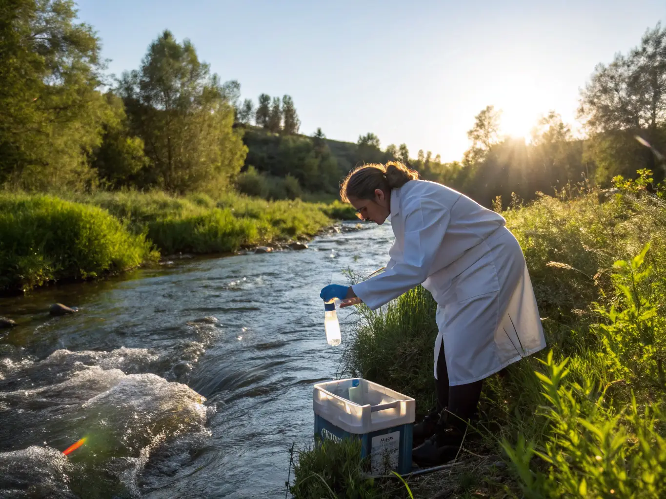 A scientist collecting water samples from a local river, showcasing A.A.P.P.M.A LA GAULE LAMBALLAISE's dedication to monitoring and protecting water quality.