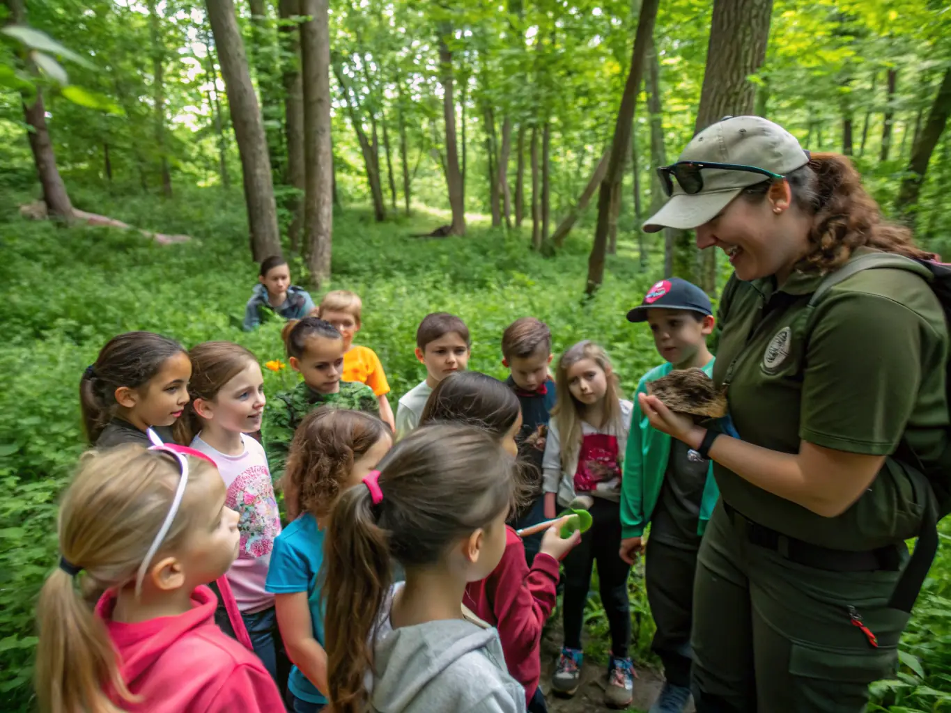 A group of children participating in an educational workshop about aquatic ecosystems, learning about the importance of biodiversity and conservation. The image should convey a sense of curiosity and engagement.